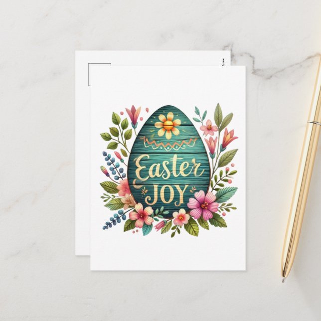 Cute Easter joy word art egg Holiday Postcard (Front/Back In Situ)