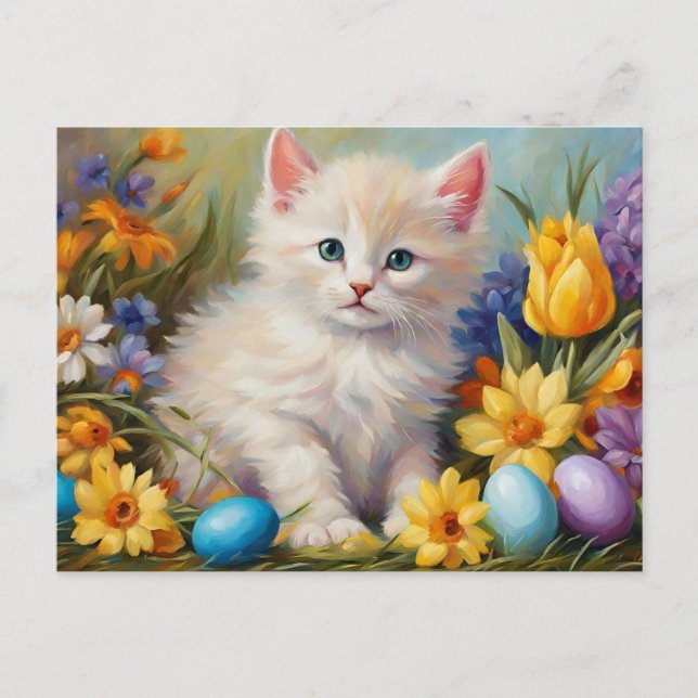 Cute Easter Kitten with Flowers and Easter Eggs  Holiday Postcard (Front)