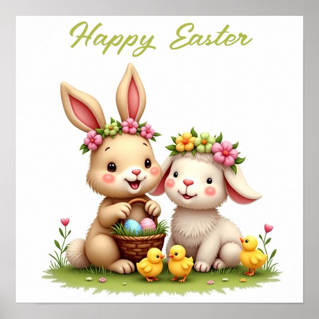 Cute Easter Lamb & Bunny | Chicks & Spring Flowers Poster (Front)
