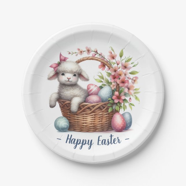Cute Easter Lamb Floral Personalized Paper Plates (Front)