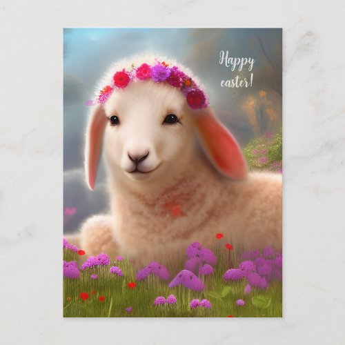 Cute easter lamb with flowers _  easter  postcard