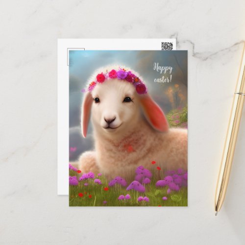 Cute easter lamb with flowers _  easter  postcard