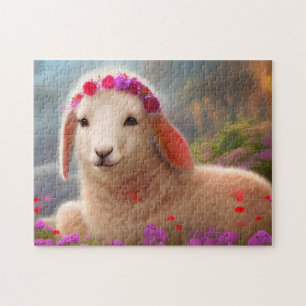 Cute easter lamb with flowers - jigsaw puzzle