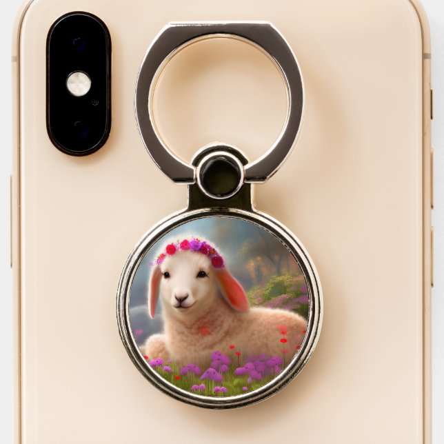 Cute easter lamb with flowers -   phone ring stand (Close Up)