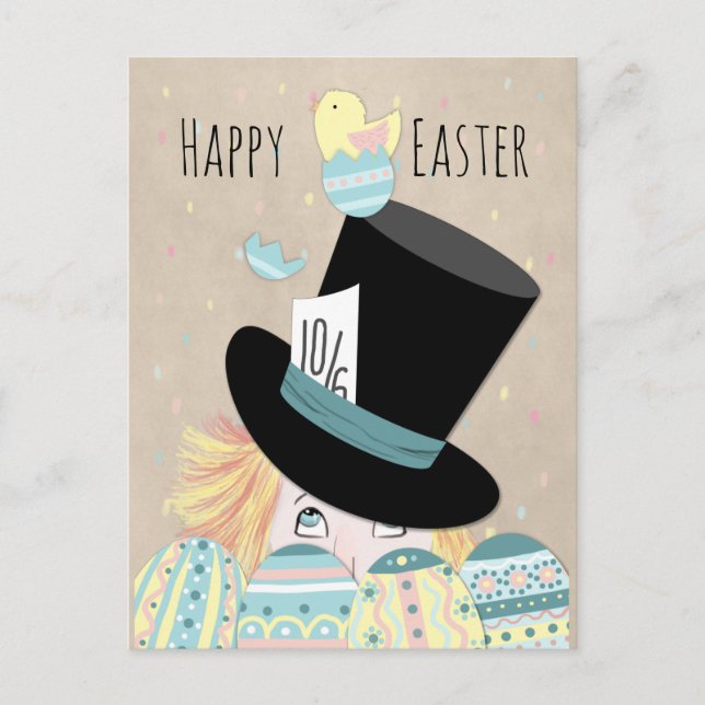 Cute Easter Mad Hatter Eggs and Chick Holiday Postcard (Front)