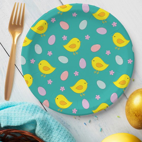 Cute Easter Pattern Chickens Eggs Teal Color Fun Paper Plates