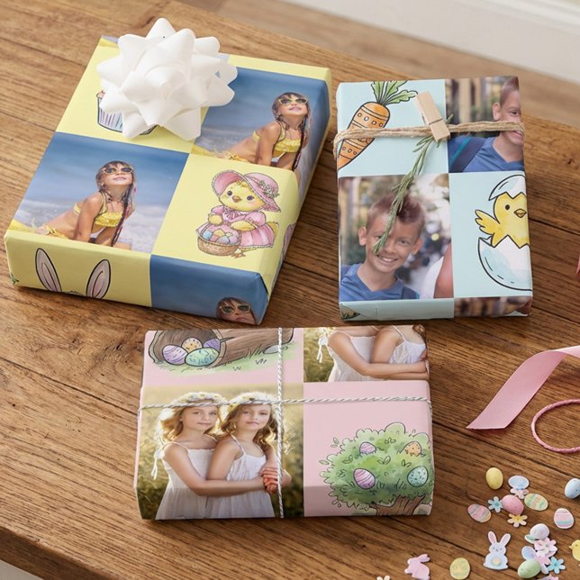 Cute Easter Pictures and Square Photos Set of 3 Wrapping Paper Sheets (Easter wrapping paper with kids photos)