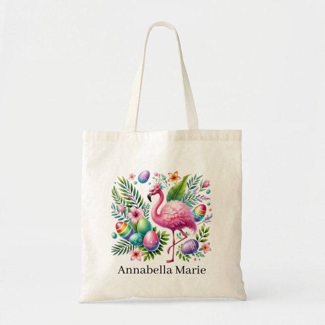 Cute Easter pink flamingo add name  Tote Bag (Front)