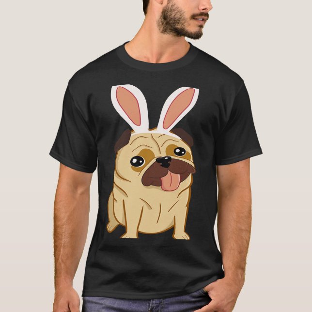 Cute Easter Pug Dog With Bunny Ears T-Shirt (Front)