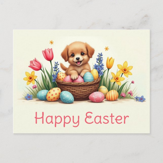 Cute Easter Puppy Dog Egg Basket Floral Postcard (Front)
