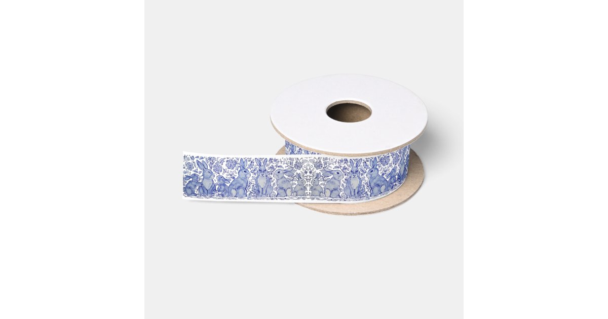 Cute Easter Rabbit Blue & White Pattern Bunny Satin Ribbon | Zazzle