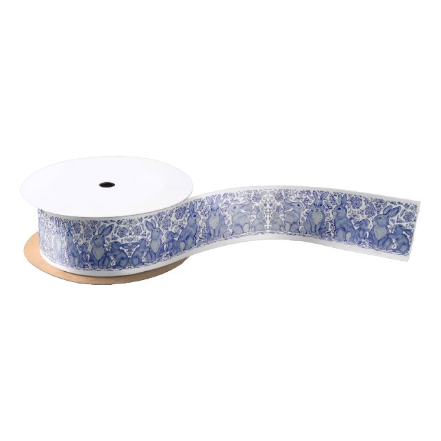 Cute Easter Rabbit Blue & White Pattern Bunny Satin Ribbon (Spool)