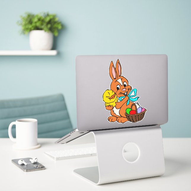 Cute Easter Rabbit Chicks Eggs Sticker (Laptop On Desk)