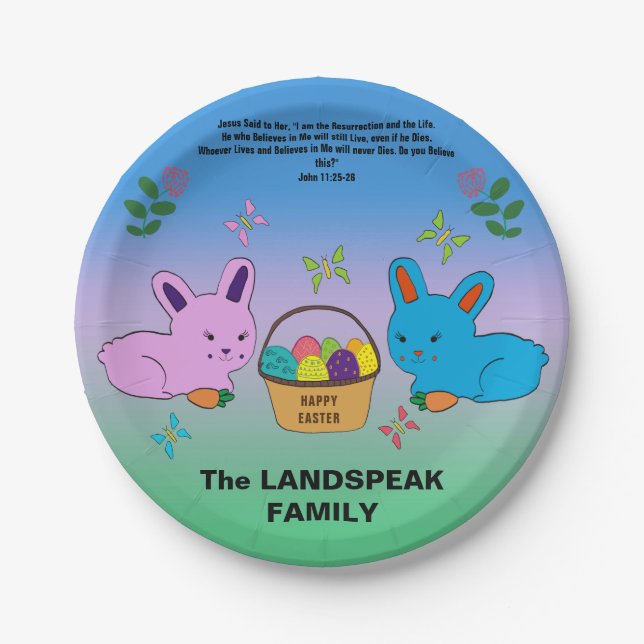 Cute Easter Rabbit, Egg Basket & Bible Quotation Paper Plates (Front)