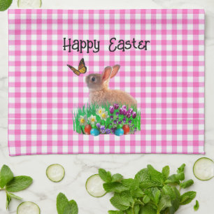 Cute Easter Rabbit on Pink Gingham Kitchen Towel