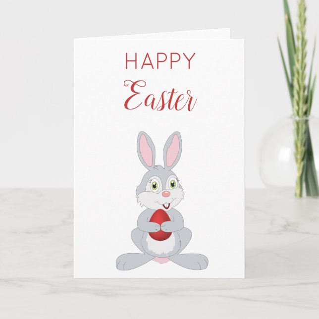 Cute Easter Rabbit Red Easter Egg  Holiday Card (Front)