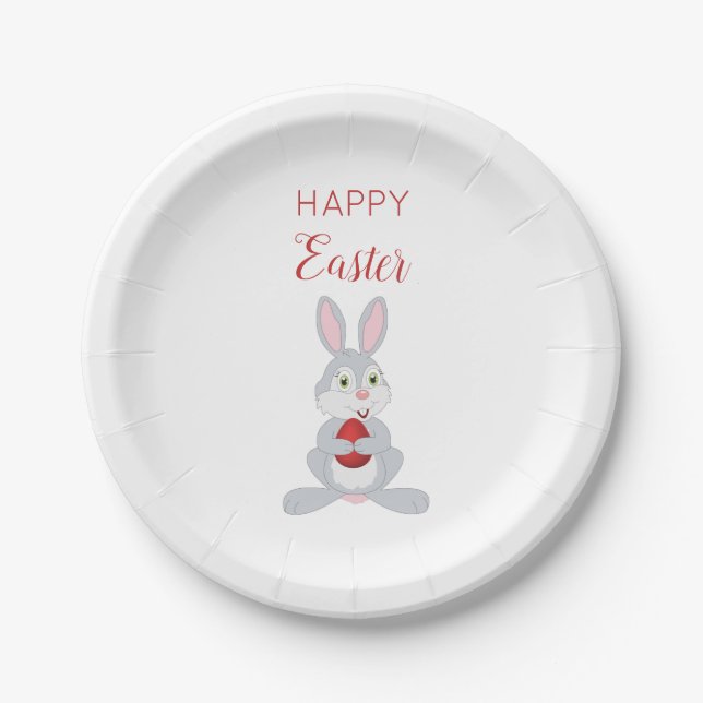 Cute Easter Rabbit Red Easter Egg  Paper Plates (Front)