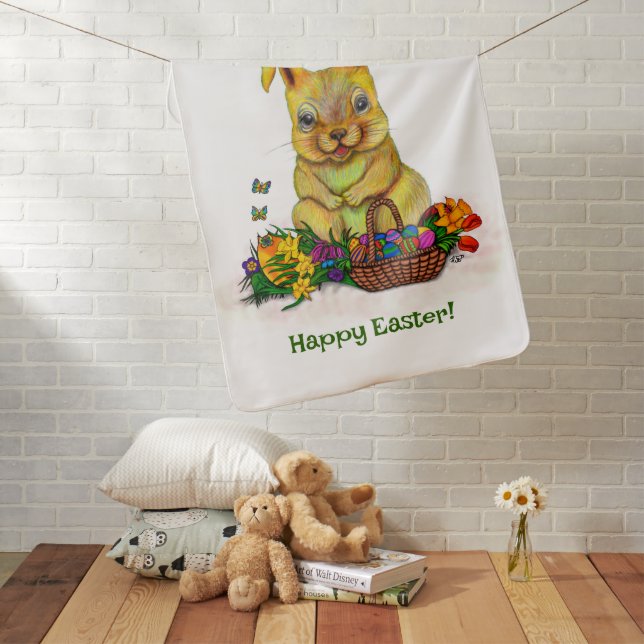 Cute Easter Rabbit with Eggs and Flowers Baby Blanket (In Situ)