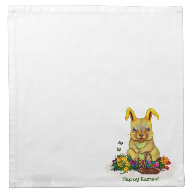 Cute Easter Rabbit with Eggs and Flowers Cloth Napkin (Front)