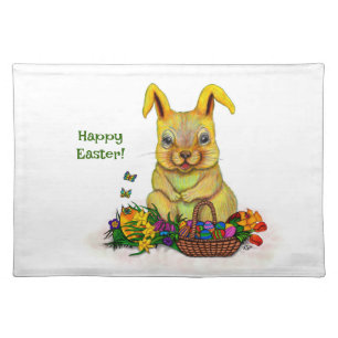 Cute Easter Rabbit with Eggs and Flowers Cloth Placemat