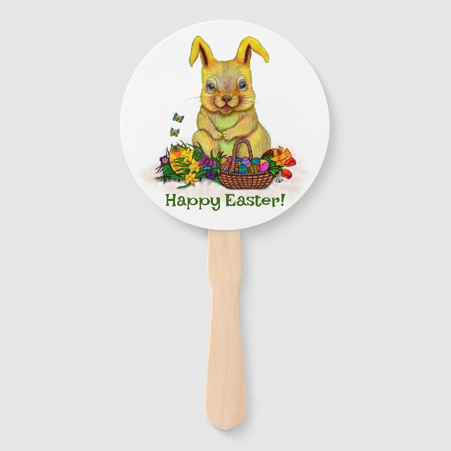 Cute Easter Rabbit with Eggs and Flowers Hand Fan (Front)