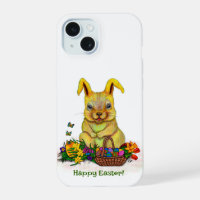 Cute Easter Rabbit with Eggs and Flowers