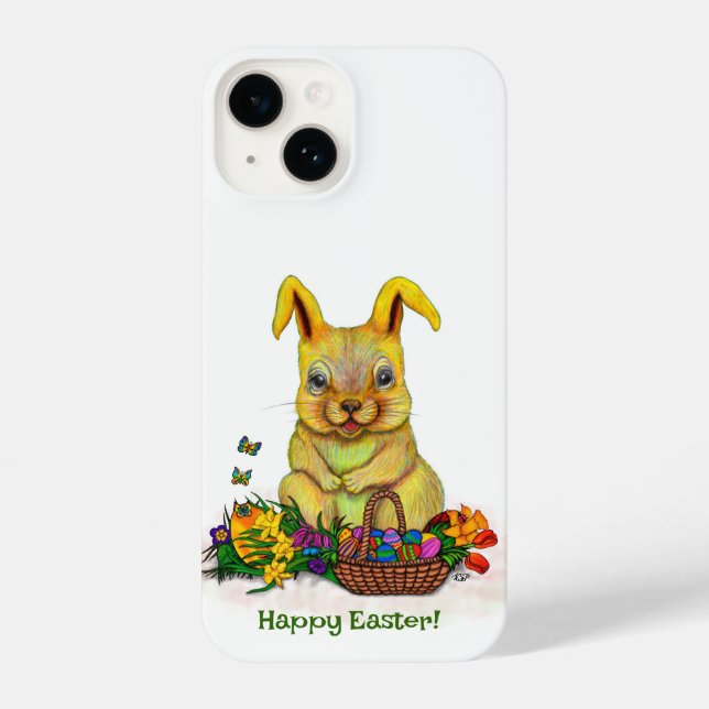 Cute Easter Rabbit with Eggs and Flowers iPhone Case (Back)