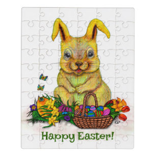 Cute Easter Rabbit with Eggs and Flowers Jigsaw Puzzle