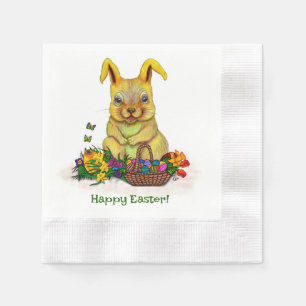Cute Easter Rabbit with Eggs and Flowers Napkins