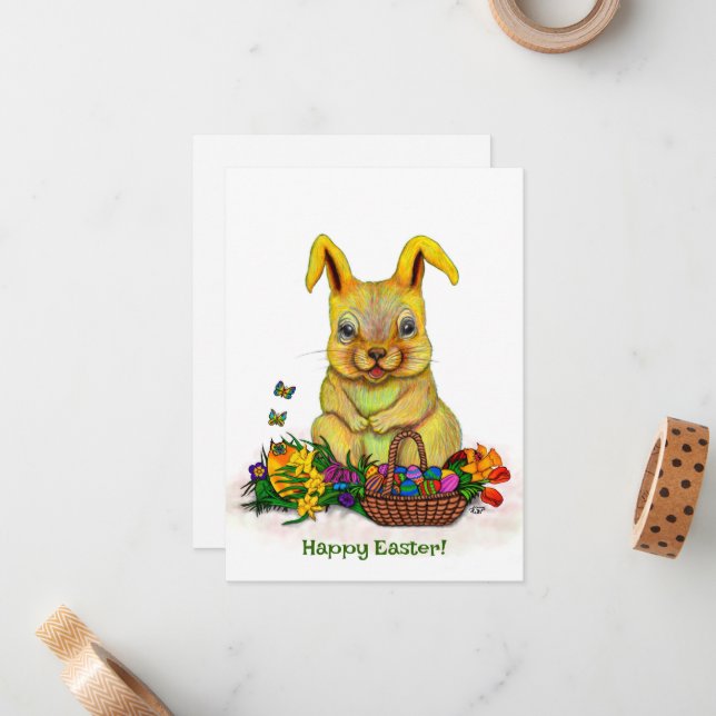 Cute Easter Rabbit with Eggs and Flowers Note Card (Front/Back In Situ)