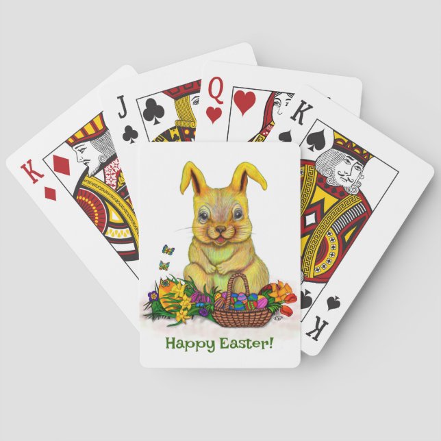 Cute Easter Rabbit with Eggs and Flowers Poker Cards (Back)