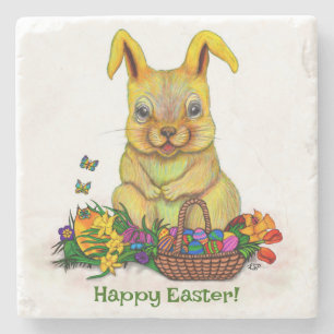 Cute Easter Rabbit with Eggs and Flowers Stone Coaster