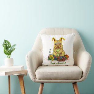 Cute Easter Rabbit with Eggs and Flowers Throw Pillow
