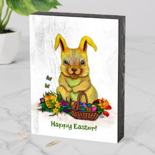 Cute Easter Rabbit with Eggs and Flowers Wooden Box Sign