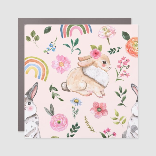 Cute Easter Rabbits Floral Pattern Car Magnet (Front)