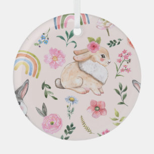 Cute Easter Rabbits Floral Pattern Glass Ornament