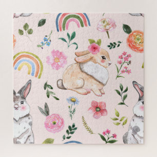 Cute Easter Rabbits Floral Pattern Jigsaw Puzzle