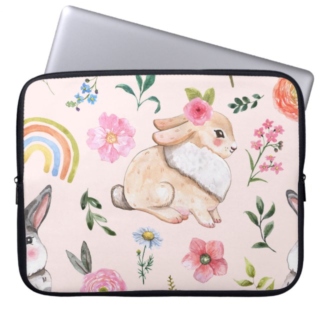 Cute Easter Rabbits Floral Pattern Laptop Sleeve (Front)