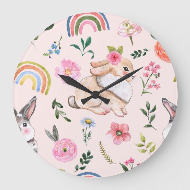 Cute Easter Rabbits Floral Pattern Large Clock (Front)