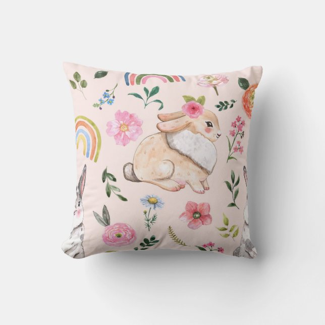 Cute Easter Rabbits Floral Pattern Throw Pillow (Front)
