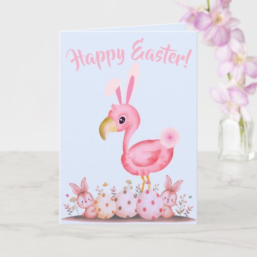 Cute Easter Scene Baby Flamingo and Bunnies Card