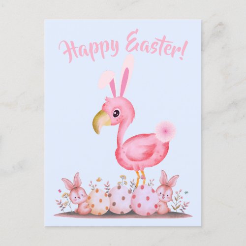 Cute Easter Scene Baby Flamingo and Bunnies Postcard