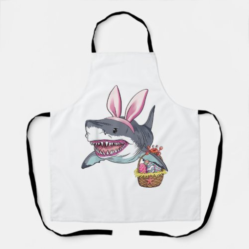 Cute Easter Shark Bunny Ears Basket Eggs Happy Eas Apron