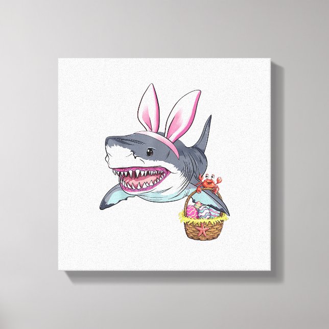 Cute Easter Shark Bunny Ears Basket Eggs Happy Eas Canvas Print (Front)