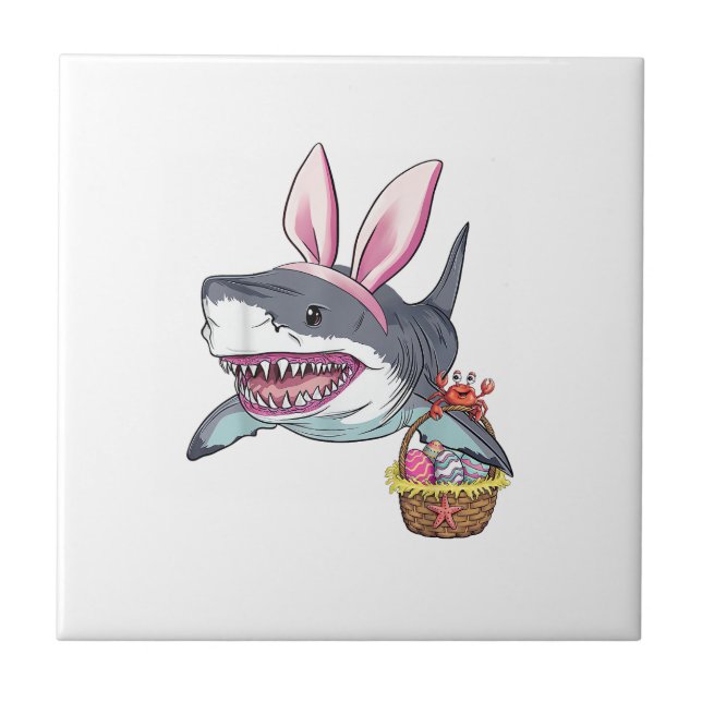 Cute Easter Shark Bunny Ears Basket Eggs Happy Eas Ceramic Tile (Front)