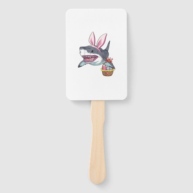 Cute Easter Shark Bunny Ears Basket Eggs Happy Eas Hand Fan (Front)
