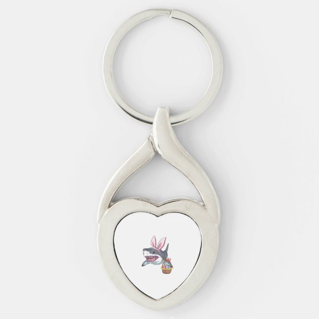 Cute Easter Shark Bunny Ears Basket Eggs Happy Eas Keychain (Front)
