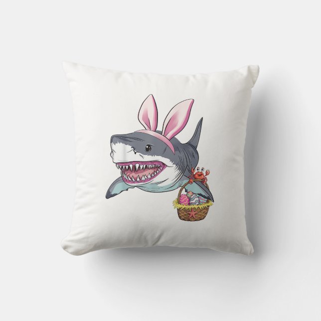 Cute Easter Shark Bunny Ears Basket Eggs Happy Eas Throw Pillow (Front)