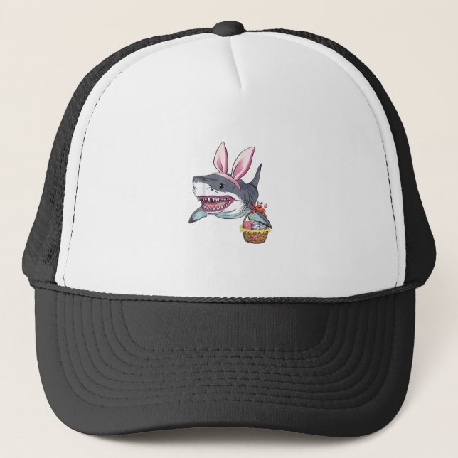 Cute Easter Shark Bunny Ears Basket Eggs Happy Eas Trucker Hat (Front)