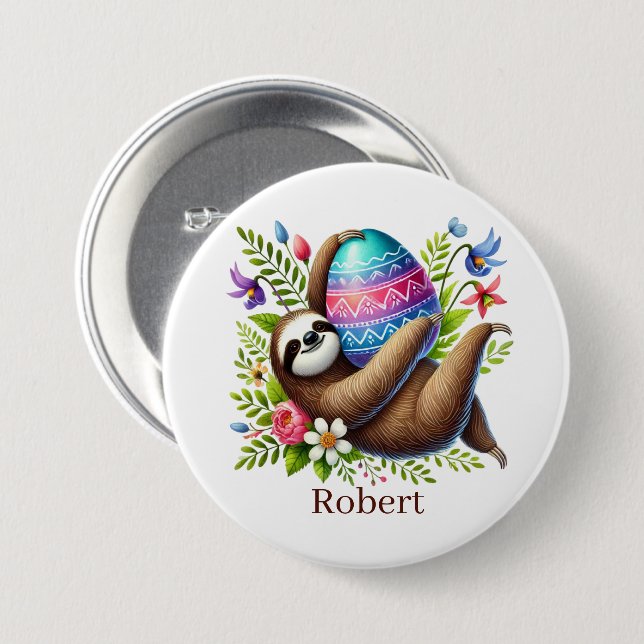 Cute Easter sloth add name party Button (Front & Back)